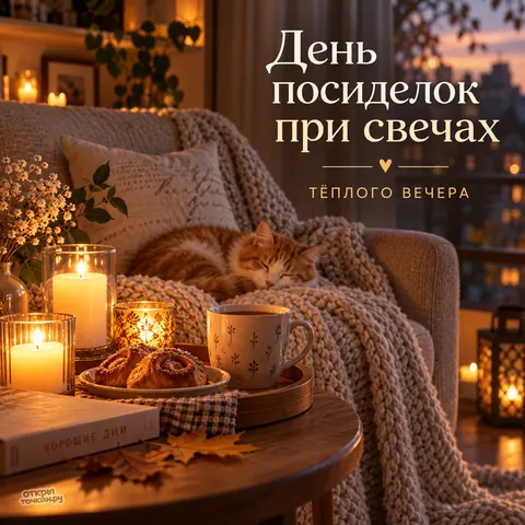 Открытка «День посиделок при свечах, тёплого вечера, спящий рыжий кот на кресле»