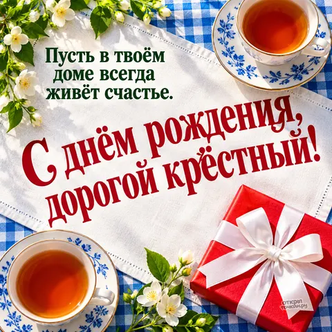 Открытка «С днём рождения крёстному, чай с жасмином и красным подарком»