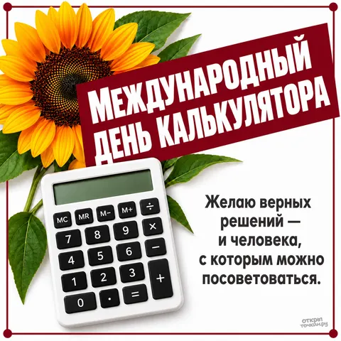 Открытка «Международный день калькулятора, калькулятор и подсолнух на белом фоне»