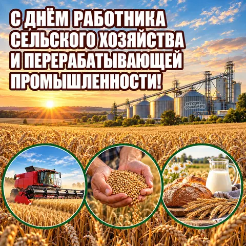 Открытка «День сельского хозяйства, комбайн зерно и хлеб в круглых рамках» — День работника сельского хозяйства и перерабатывающей промышленности