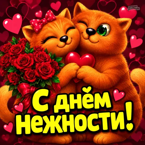 Открытка «День нежности, два рыжих котёнка с букетом роз и сердечком»