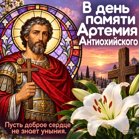 Открытка «День памяти Артемия Антиохийского, витражный нимб и белая лилия, закат над водой и храм с куполом» — День памяти великомученика Артемия Антиохийского