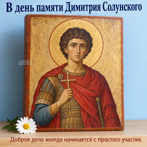 Открытка «День памяти великомученика Димитрия Солунского, икона Димитрия на полке с ромашкой»