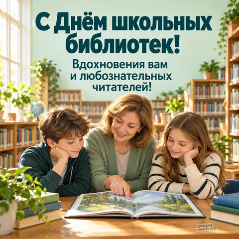 Открытка «День школьных библиотек, библиотекарь читает детям за столом, солнечная библиотека и вдохновение читателям»