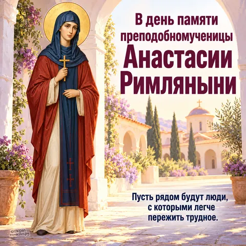 Открытка «День памяти преподобномученицы Анастасии Римляныни, Анастасия в монастырской галерее с крестом»
