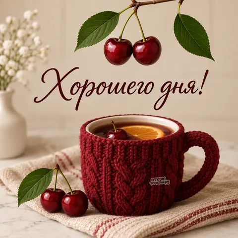 Открытка «Хорошего дня, чай в вязаном чехле с вишнями»