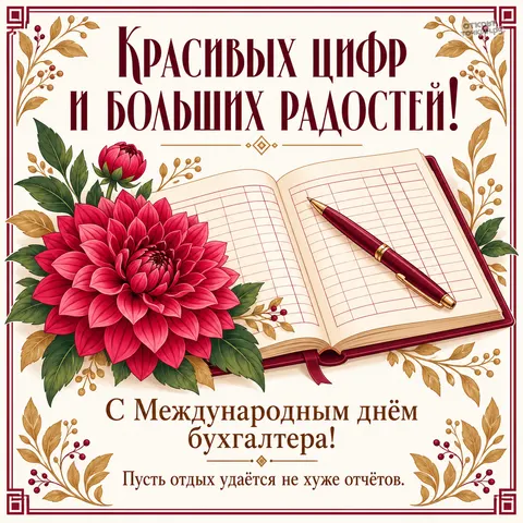 Открытка «Международный день бухгалтерии, георгин и блокнот с ручкой»