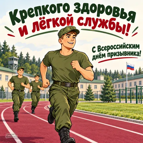 Открытка «Всероссийский день призывника, призывник бежит по стадиону у казармы»