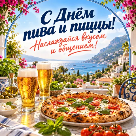 Открытка «С Днём пива и пиццы, угощение в итальянском дворике»
