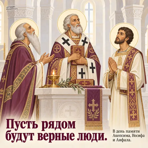 Открытка «День памяти священномучеников Акепсима Иосифа и Аифала, трое святых молятся у престола в храме»
