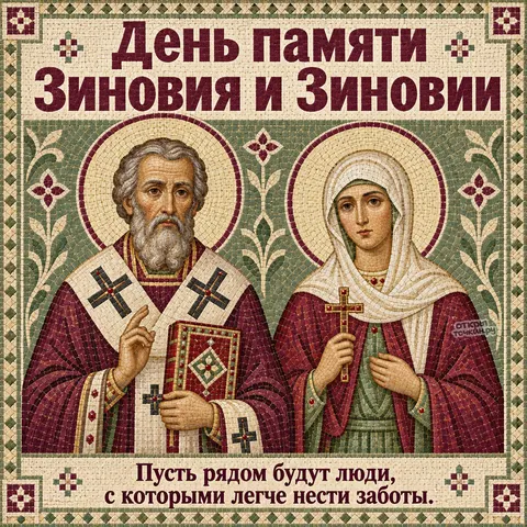 Открытка «День памяти Зиновия и Зиновии, мозаика двух святых в зелёной рамке» — День памяти священномученика Зиновия и мученицы Зиновии