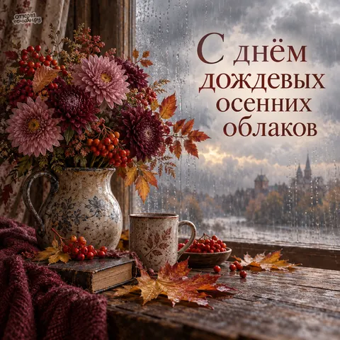 Открытка «День осенних дождевых облаков, букет хризантем и рябины на подоконнике»