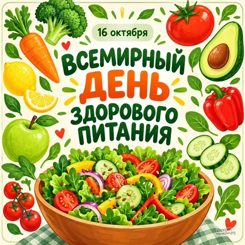 Открытка «Всемирный день здорового питания, иллюстрация с миской салата и свежими овощами»
