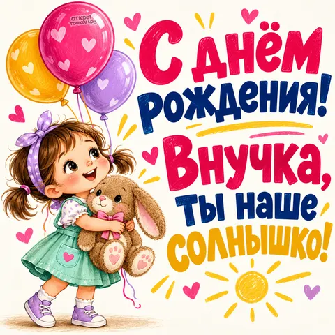 Открытка «День рождения» — Праздник внучки с плюшевым зайчиком