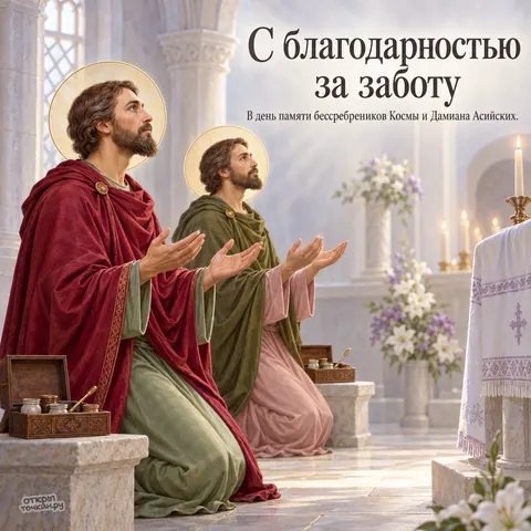 Открытка «День памяти Космы и Дамиана Асийских, братья молятся в соборе с ларцами лекарств» — День памяти бессребреников Космы и Дамиана Асийских