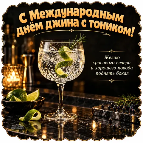 Открытка «Международный день джина с тоником, бокал на чёрном мраморе с золотой рамкой и ягодами»