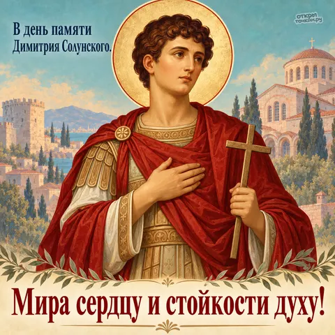 Открытка «День памяти великомученика Димитрия Солунского, Димитрий с крестом на фоне города и базилики»