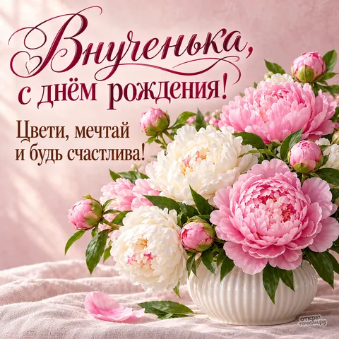 Открытка «День рождения» — Нежные пионы для любимой внучки