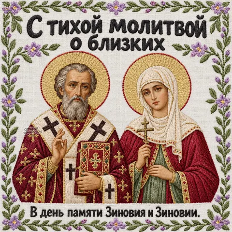 Открытка «День памяти Зиновия и Зиновии, вышитая икона святого и святой с молитвой о близких» — День памяти священномученика Зиновия и мученицы Зиновии