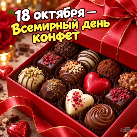 Открытка «Всемирный день конфет, 18 октября, красная коробка шоколадного ассорти на деревянном столе»