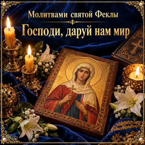 Открытка «День памяти святой Феклы, икона и свечи на синем бархате» — Равноапостольная Фекла Иконийская