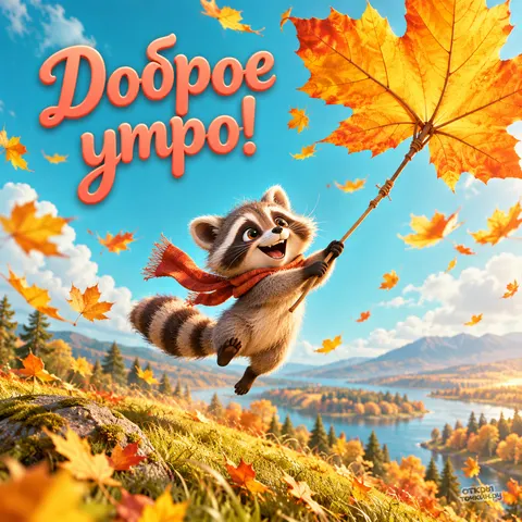 Открытка «Доброе утро» — енот с кленовым листом