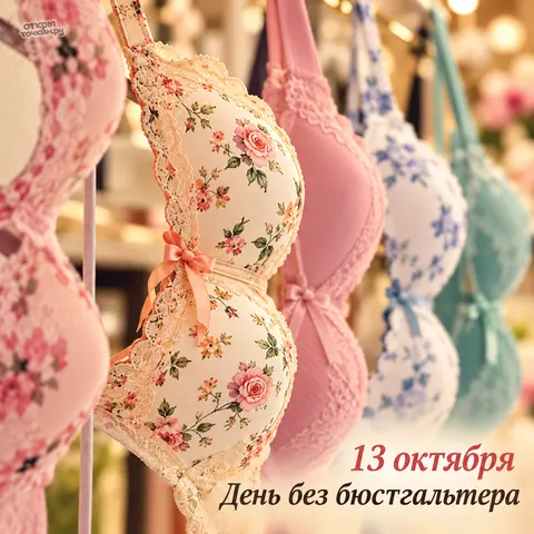 Открытка «День без бюстгалтера, разноцветные лифчики на вешалке» — День без бюстгальтера