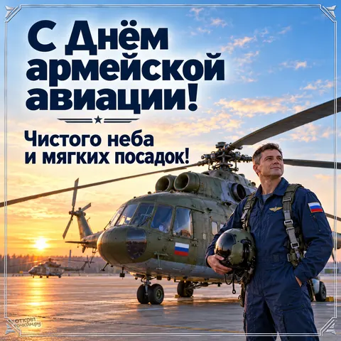 Открытка «День армейской авиации, летчик со шлемом на аэродроме, вертолёт Ми 8 на закате» — День армейской авиации России