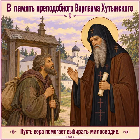 Открытка «День памяти преподобного Варлаама Хутынского, беседа с паломником у ворот обители»