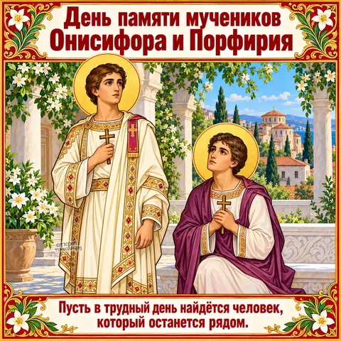 Открытка «День памяти Онисифора и Порфирия, молитва вдвоём на террасе с лилиями» — День памяти мучеников Онисифора и Порфирия