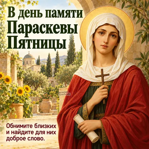 Открытка «День памяти великомученицы Параскевы наречённой Пятница, Параскева с крестом во дворе с подсолнухами»
