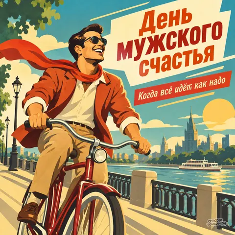 Открытка «День мужского счастья, мужчина на велосипеде по набережной у реки»