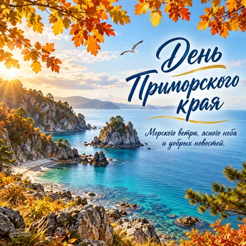 Открытка «День Приморского края, бирюзовая бухта и осенние листья»