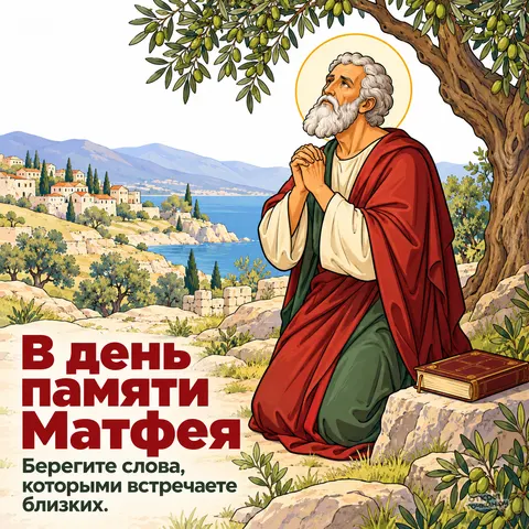 Открытка «День памяти апостола Матфея, апостол Матфей молится под оливой с Евангелием»