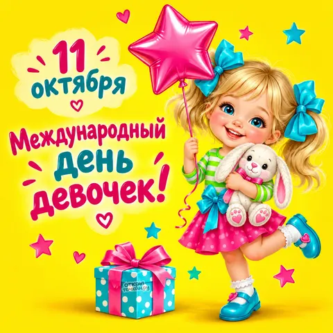 Открытка «С международным днём девочек, зайчик и шар звезда»
