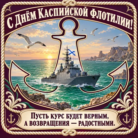 Открытка «День Каспийской флотилии, Корабль в рамке якоря» — День Каспийской флотилии ВМФ РФ