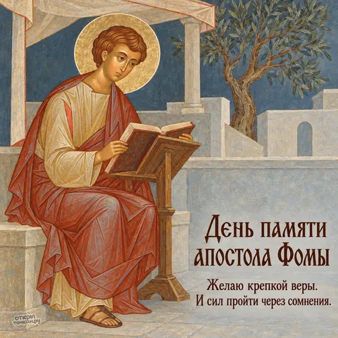 Открытка «День памяти апостола Фомы, апостол Фома читает книгу за аналоем» — День памяти святого апостола Фомы