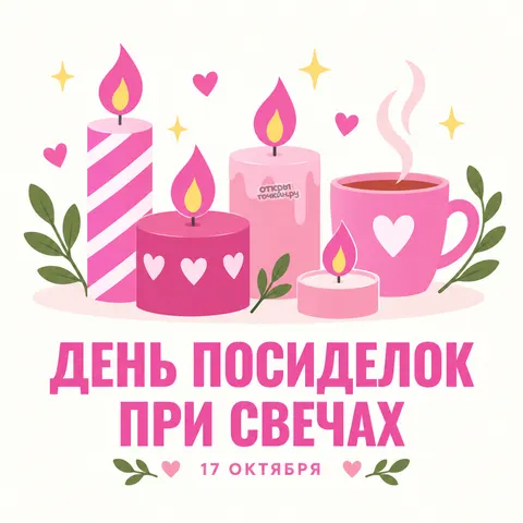 Открытка «День посиделок при свечах, 17 октября, розовые свечи и кружка на овале»