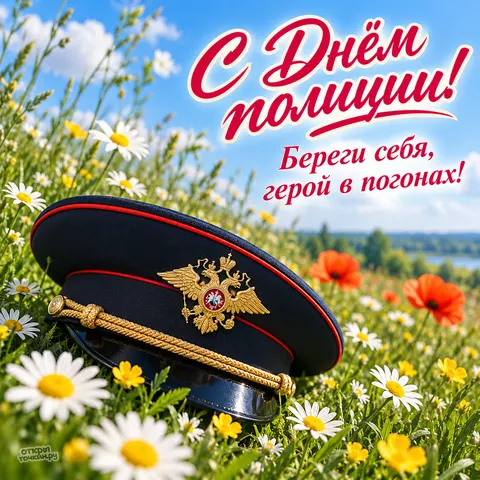 Открытка «С Днём полиции, фуражка в поле ромашек» — День сотрудника органов внутренних дел
