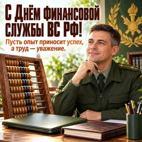 Открытка «День финслужбы ВС РФ, офицер за столом, счёты, ноутбук и блокнот» — День финансово-экономической службы ВС РФ
