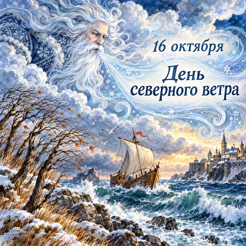 Открытка «День северного ветра, парусник у замка в осенне-зимнюю стужу»