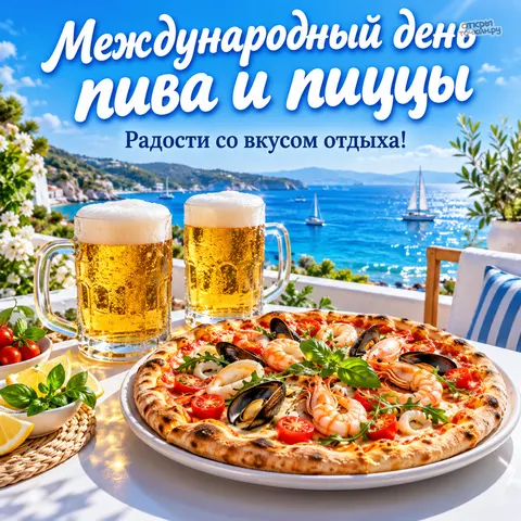 Открытка «Международный день пива и пиццы, праздник у моря»