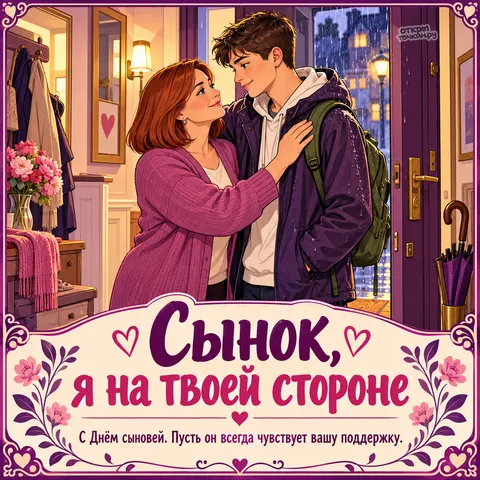 Открытка «День сыновей, мама встречает сына с рюкзаком в дверях»
