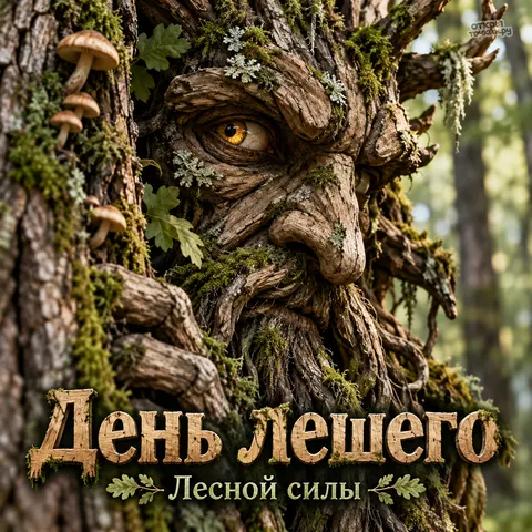 Открытка «День лешего, лесной силы, лицо лешего в коре дерева»