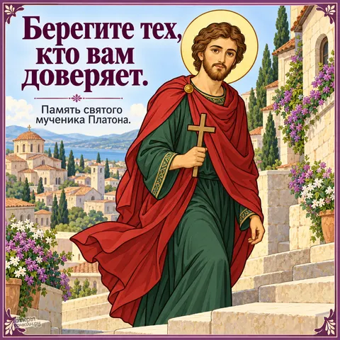 Открытка «День памяти мученика Платона, поднимается по лестнице к белому городу»