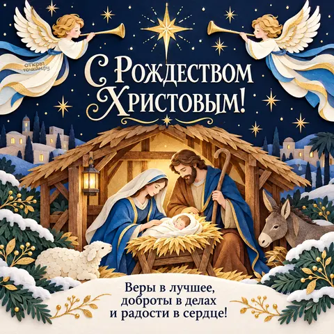 Открытка «С Рождеством Христовым, рождественский вертеп и ангелы с трубами»