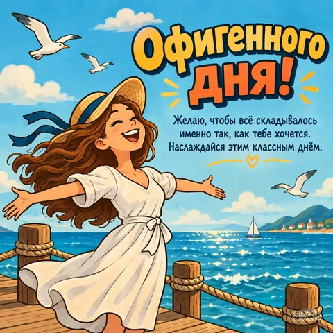 Открытка «Просто офигенный день, девушка с открытыми руками на пирсе у моря»