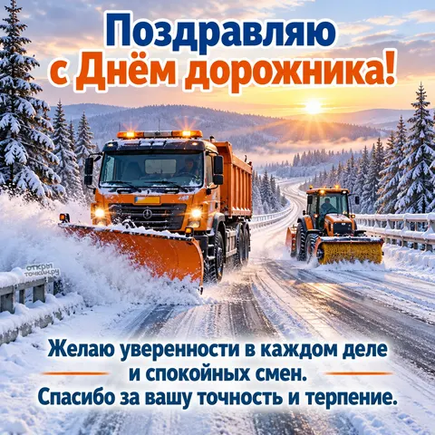 Открытка «С днём дорожника, снегоуборочная техника на зимней дороге» — День работников дорожного хозяйства