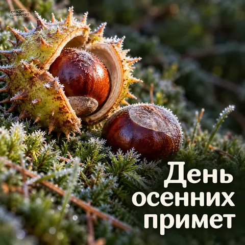 Открытка «День осенних примет, каштаны в колючках на мху под инеем»