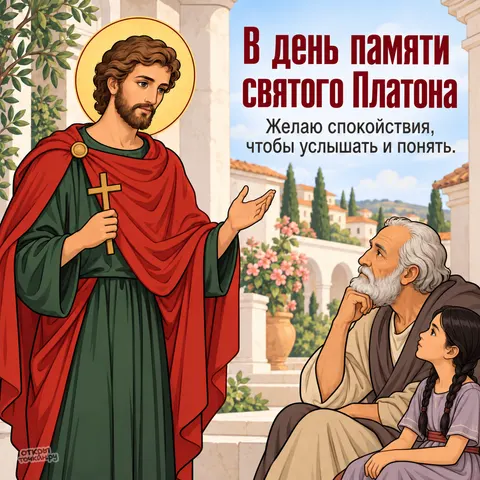 Открытка «День памяти мученика Платона, наставление старцу и девочке у колонны»